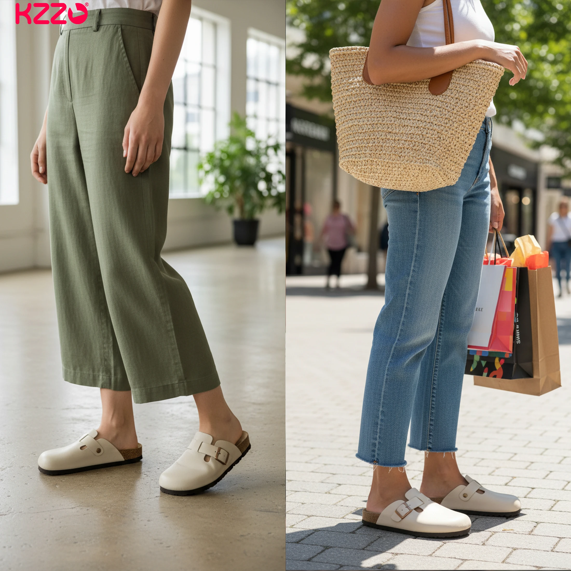KZZO Waterproof Genuine Leather Mules For Women Non Clog Shoes Outdoor Home Comfort Slip On Flat Adjustable Strap White_voghion.com
