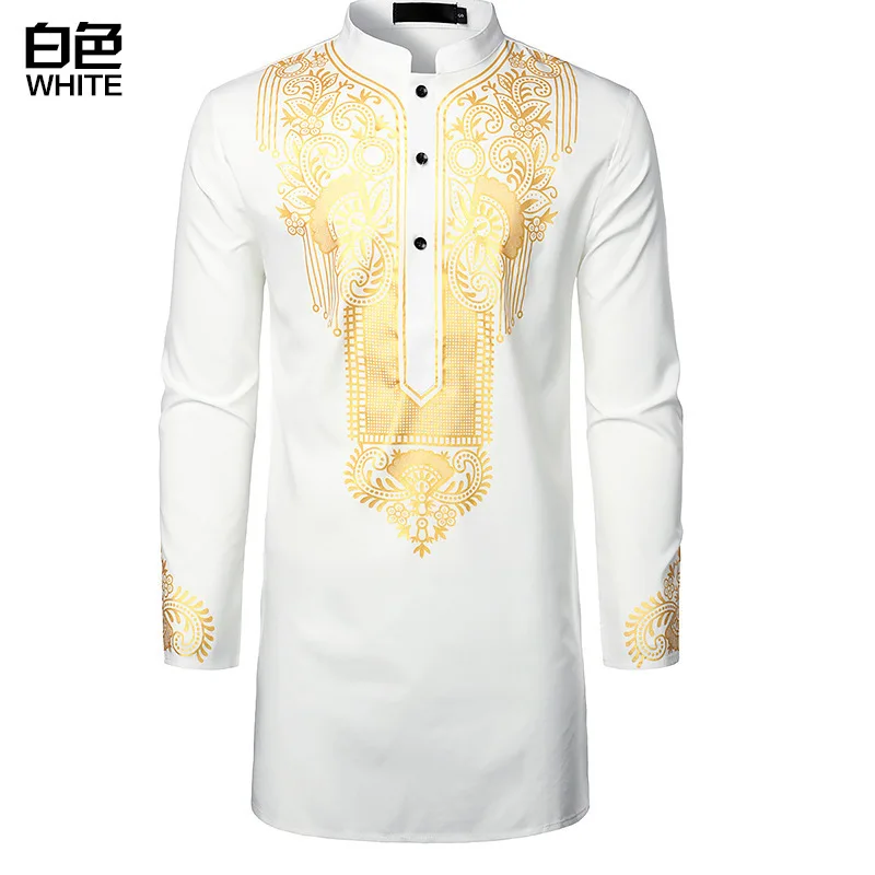 Dubai Luxury Casual Islamic Arabic Abaya Robe Fashion Ethnic Print Stand Collar Youth Mid-length Shirt Coat Muslim Men Clothing
