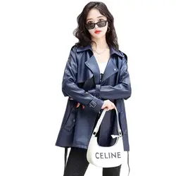 2024 Spring Autumn Sheepskin Jacket Women Genuine Leather Coat Loose Windbreaker Mid-Length Lady Belt Casual Tops Cloak Outwear