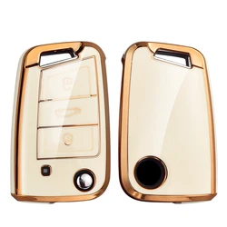 Premium Kuvi TPU Car Flip Key Case Cover Shell for Volkswagen, SEAT, and Skoda (White)