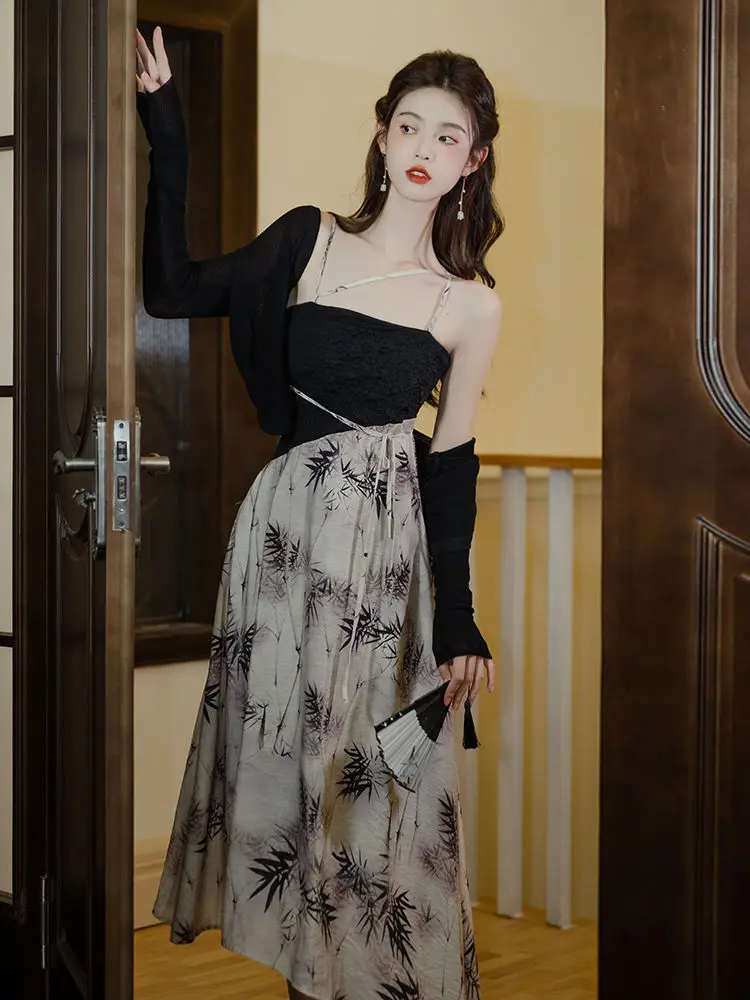 

Improved Patchwork Suspender Dress Cardigan Set Chinese Hanfu Dress Ink Painting Retro Dress Spring and Summer Women's Clothing