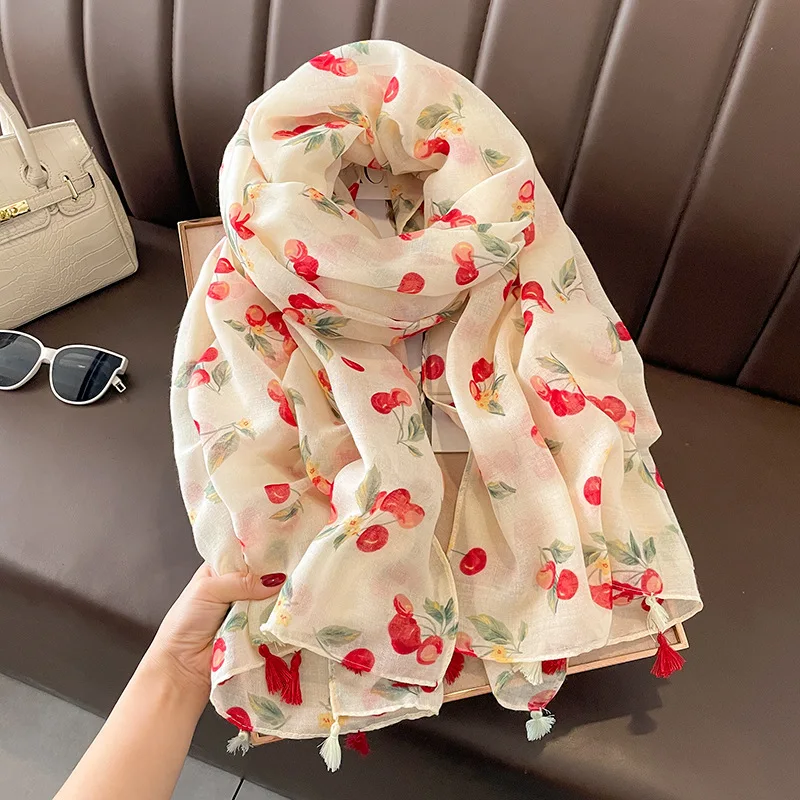 

OMEA Cherry Pattern Scarf Women Spring Autumn Cotton Linen Feeling Long Shawl Cute Printing Hijab Scarf with Tassel Luxury