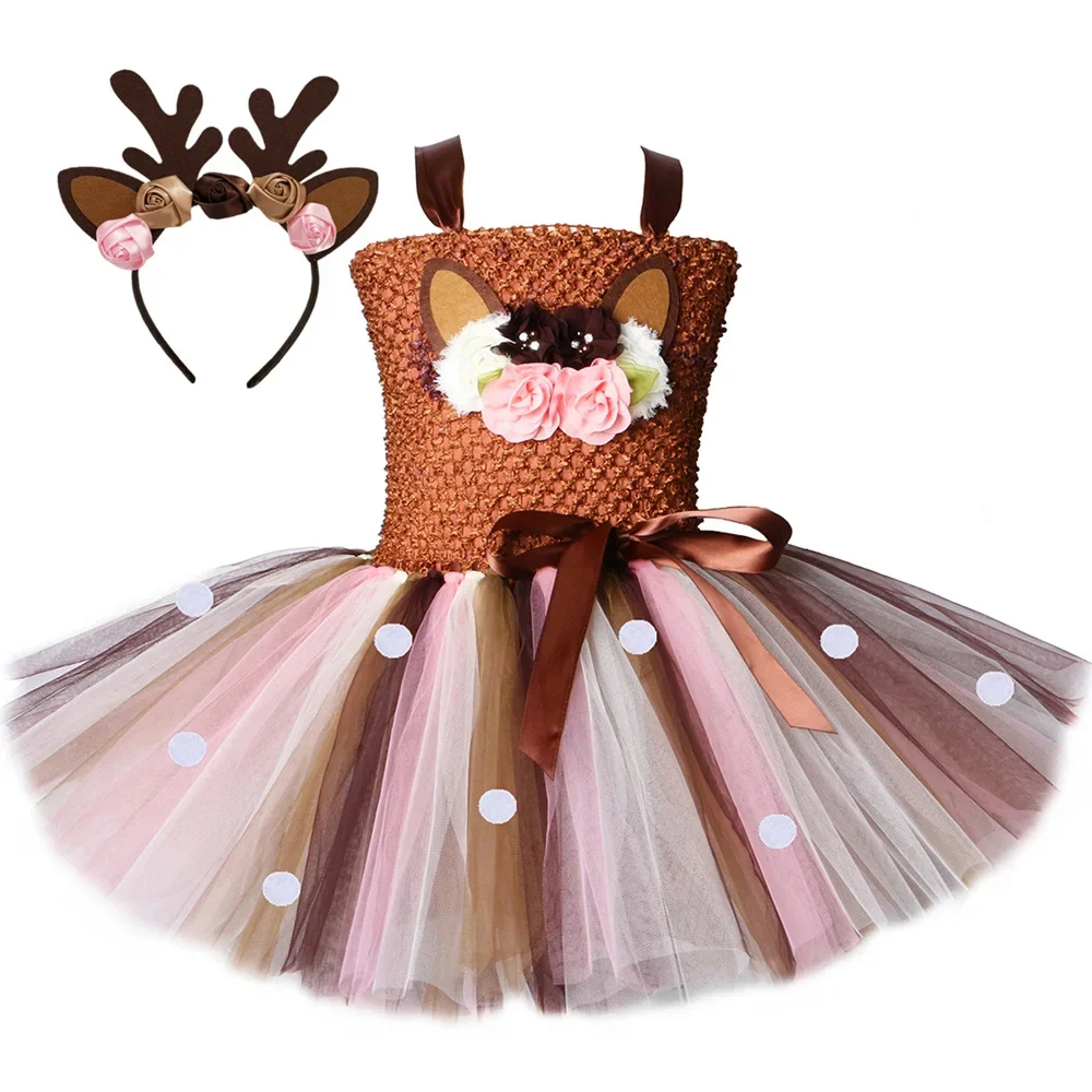 

Cartoon Deer Bambi Tutu Dress Christmas Elk Children Mesh Princess Poncho Dress Halloween Cosplay Costumes New Year Clothes