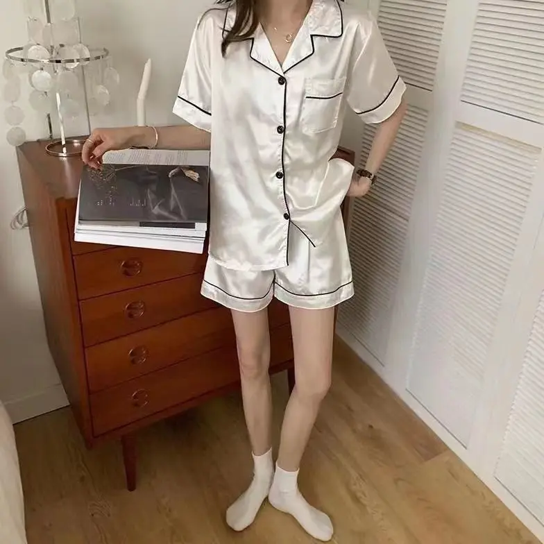 Pajamas Women Summer Smooth Ice Silk Fabric Large Size Homewear Short Sleeve Set  Loungewear Women  Pyjamas Women