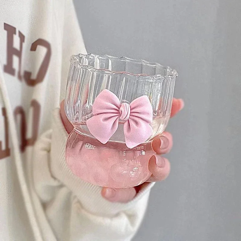 Pink Bow Glass Cups Cute Clear Striped Water Cups Creative Coffee Mug Household Fruit Tea Juice Glassware Home Supplies