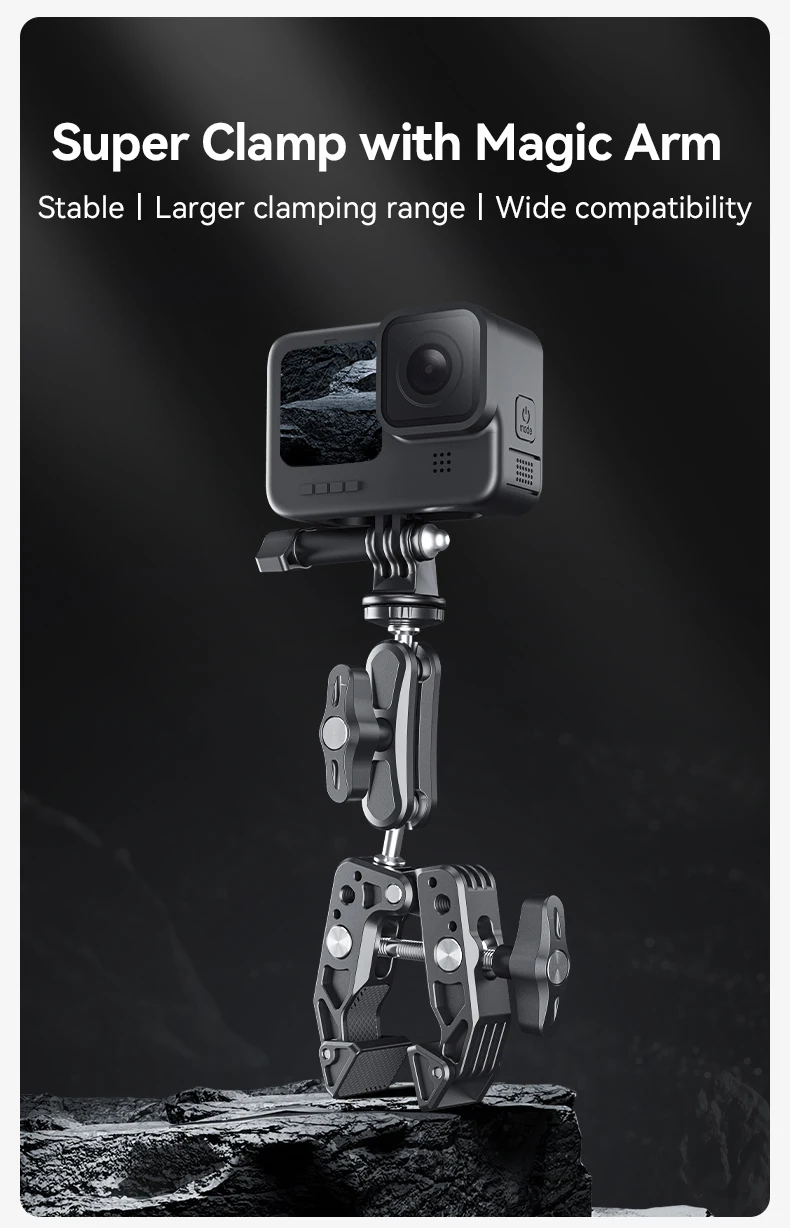 TELESIN-ألومنيوم مشبك فائق مع رأس كروي مزدوج 360 درجة ، ذراع سحري ، GoPro ، Insta360 ، DJI ، oomo ، Aciton ، هاتف محمول ، كاميرا حركة