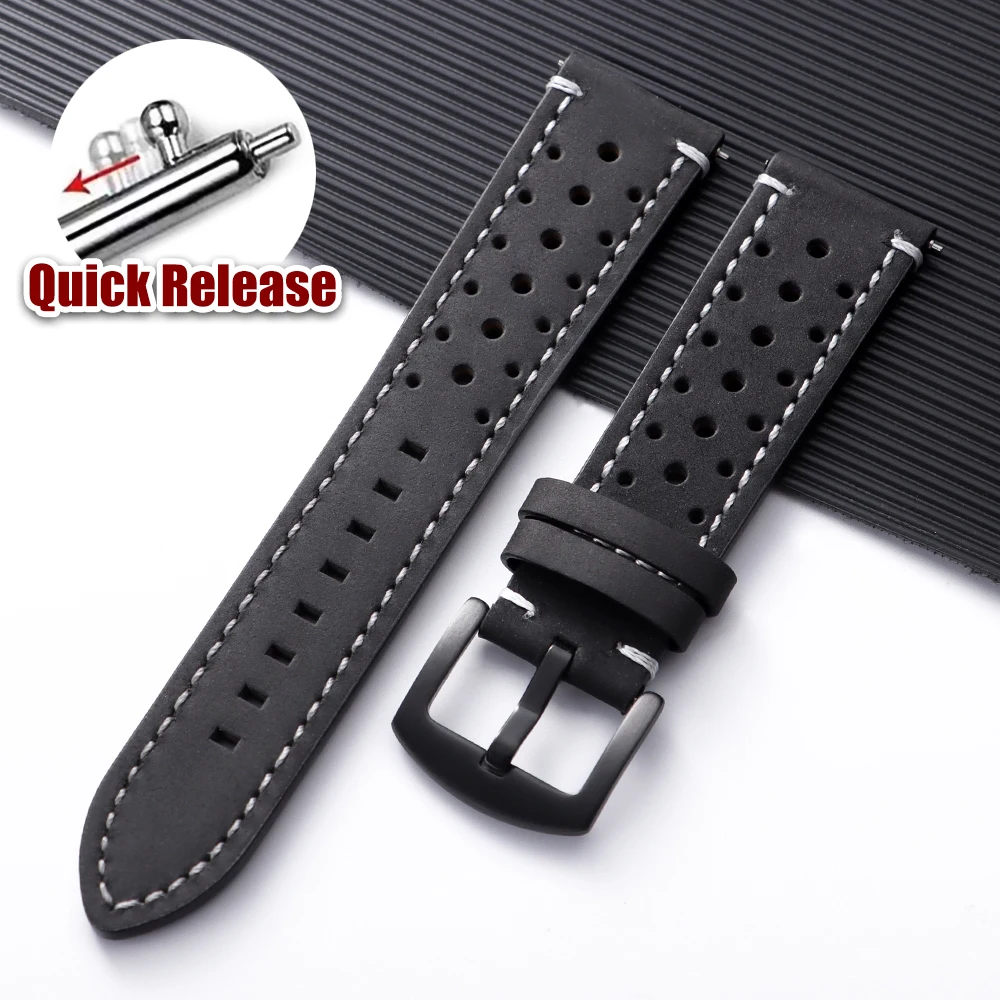 Vintage Brown Handmade Cowhide Leather Strap - Quick Release Breathable Porous Watch Band
