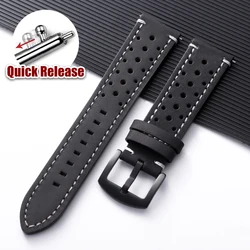 Vintage Brown Handmade Cowhide Leather Strap - Quick Release Breathable Porous Watch Band - 22mm (Black - White)