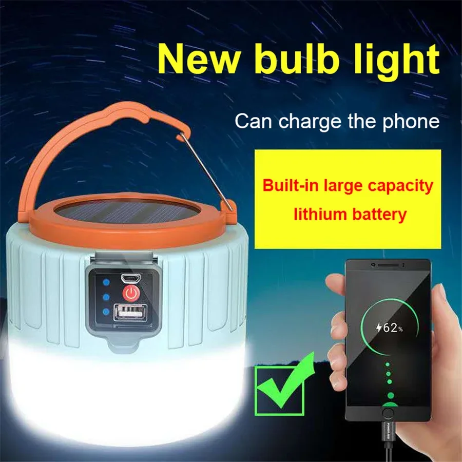 Portable LED Solar Light Outdoor Waterproof Tent Lamp USB Rechargeable 3 Mode Emergency Light Bulb Flashlight Camping