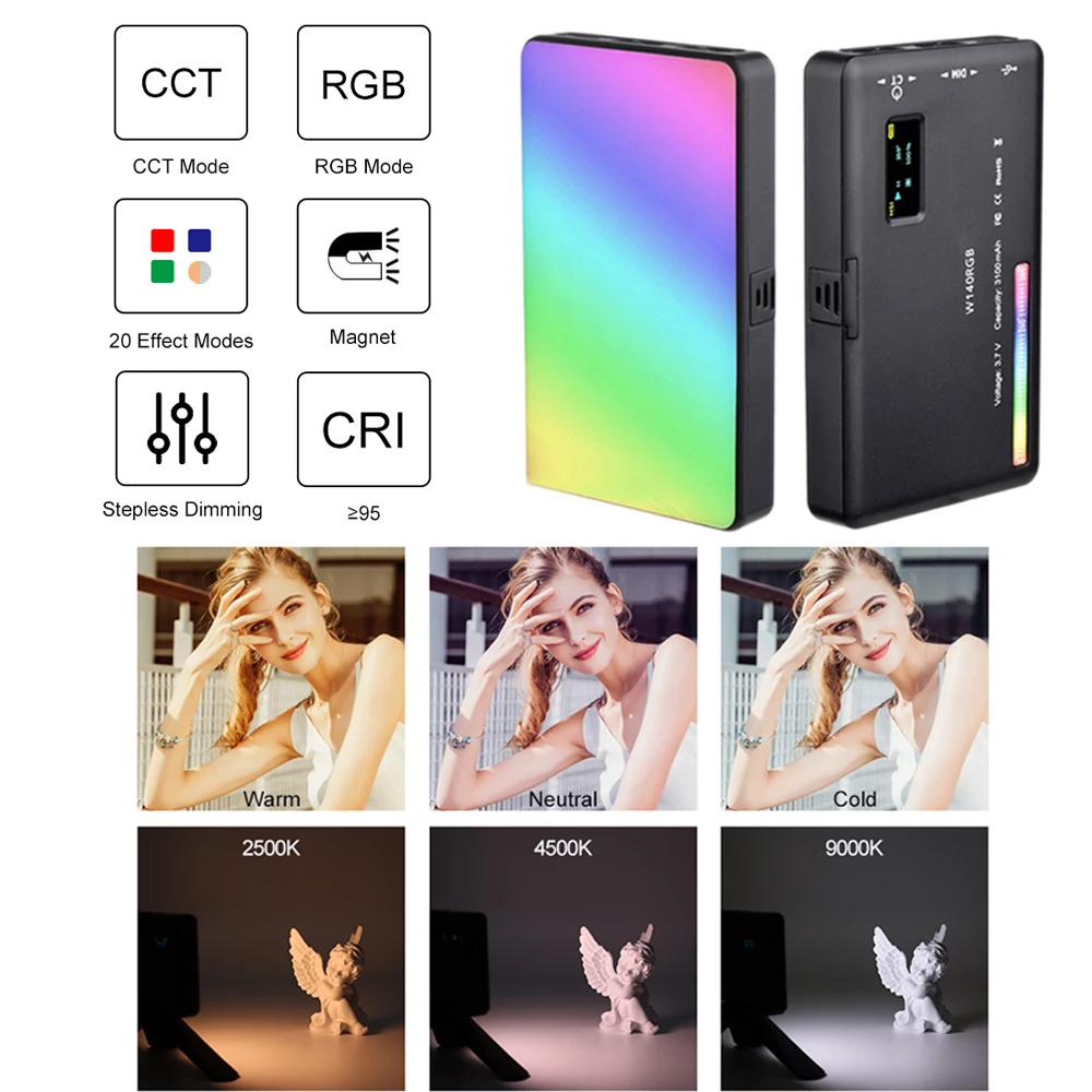 Desental RGB 필인 라이트, 셀카 LED 라이트, 사진 소프트 라이트, 휴대용 포켓 라이트, LED 데스크탑 플랫 라이트, W140