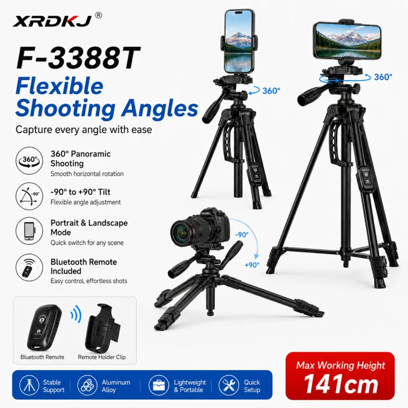 F-3388T 141cm 카메라 삼각대 스탠드(블루투스 리모컨 포함), 아이언 튜브 폰 삼각대(홀더 클립 포함), DSLR용 휴대용 여행용 삼각대