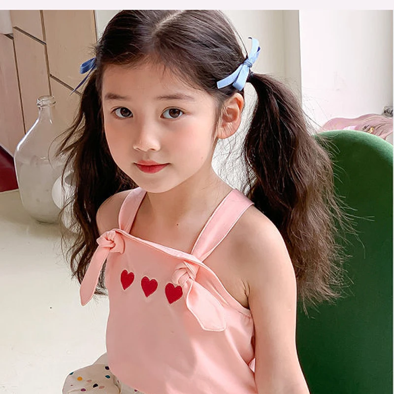여아용 귀여운 자수 러브 슬링 탑, 맞춤형 슬링 백, 크로스 쿨 캐주얼 탑, 어린이 조끼,  의류, 여름 티셔츠