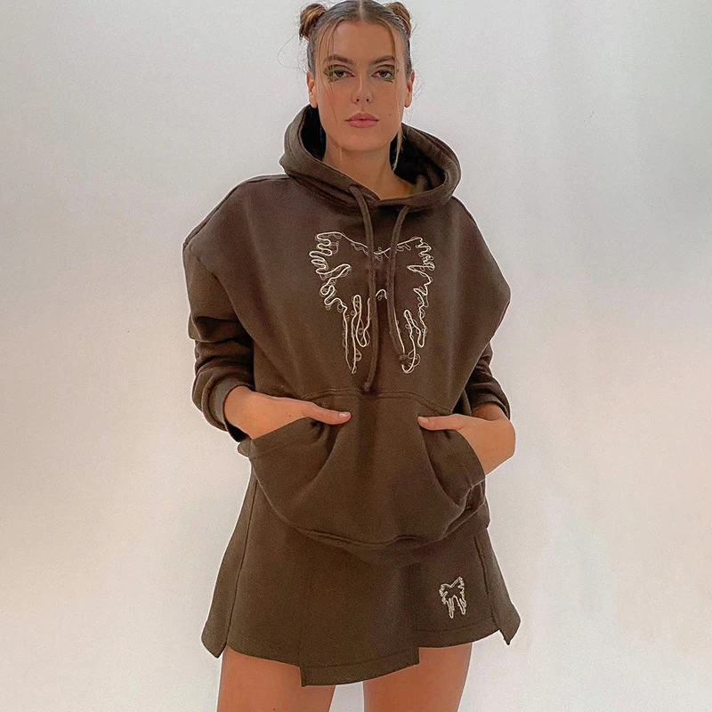 Butterfly Brown Tops Sweatshirts Oversized Long Sleeve Pullovers Hooded Pockets Sporty Tops Y2k Women Autumn Winter Jumpers New