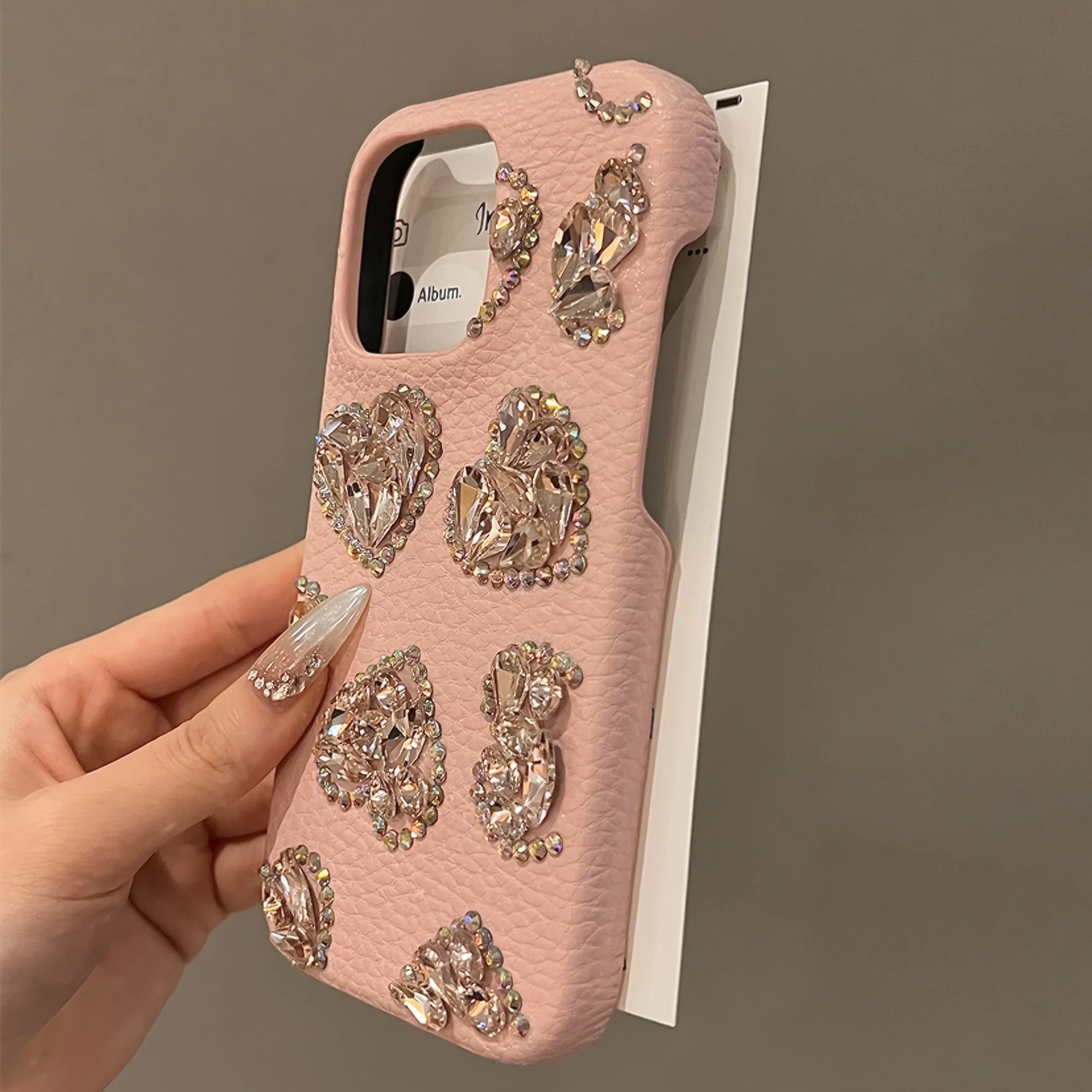 Iphone Case Phone Case Lychee Print Love Rhinestone for iPhone 11 12 13 14 15 Pro Max