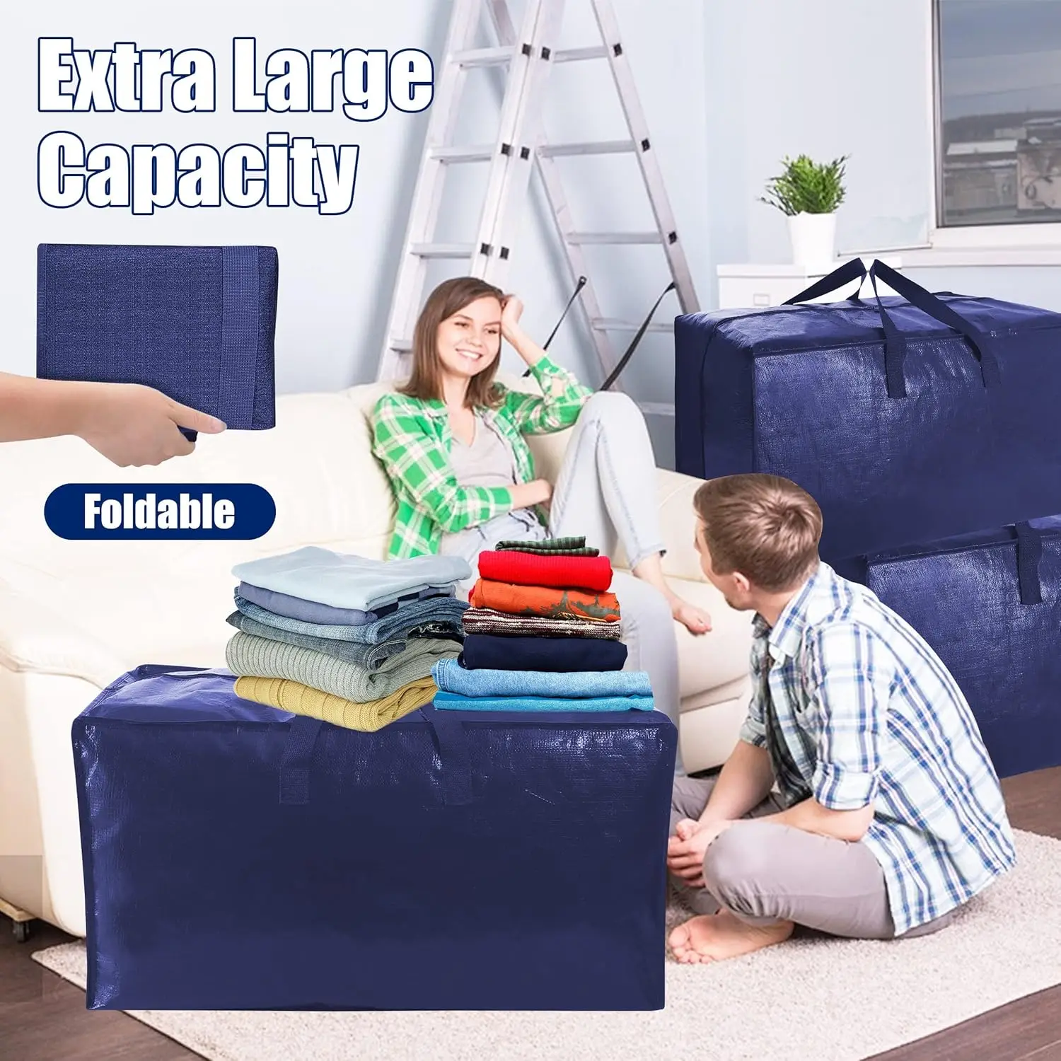 Extra Large Moving Bags with Strong Zippers & Carrying Handles, Heavy Duty Storage Tote for Space Saving Moving Storage 5