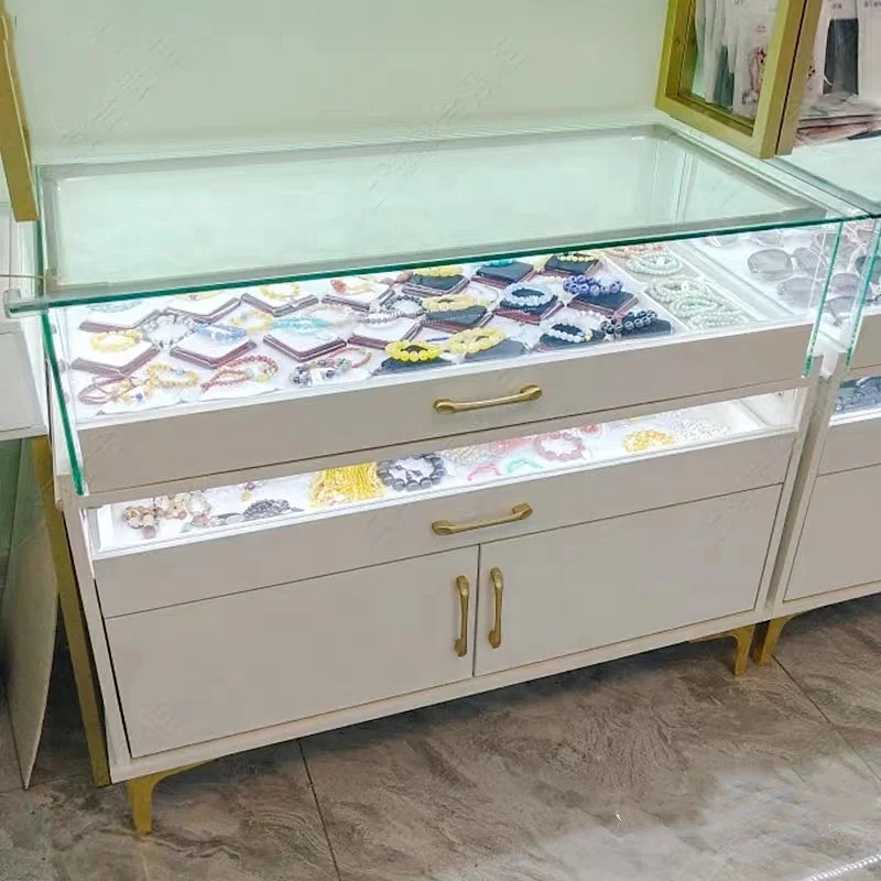 

custom.White Jewelry Glass Cabinet Lockable Clothing Shop Showcase Sliding Jewelry Store Glass Counter with Drawers
