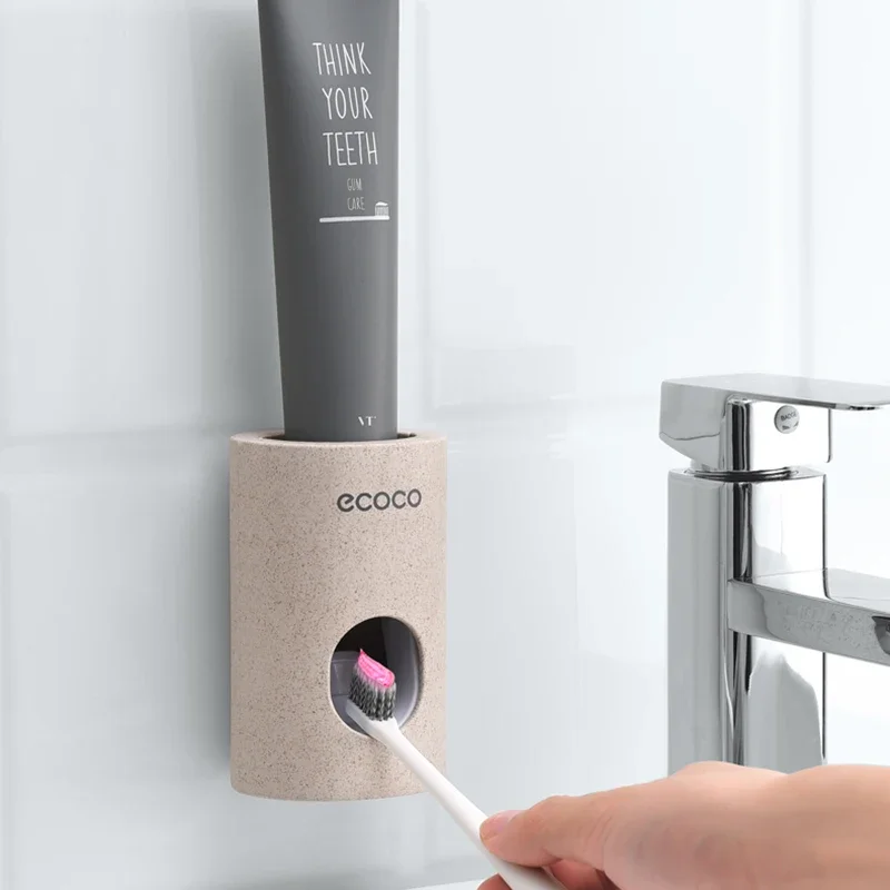 ECOCO Wheat-colored Automatic Toothpaste Dispenser Holder Bathroom Accessories Set Toothbrush Holder Toothbrush Wall Mount Rack 2