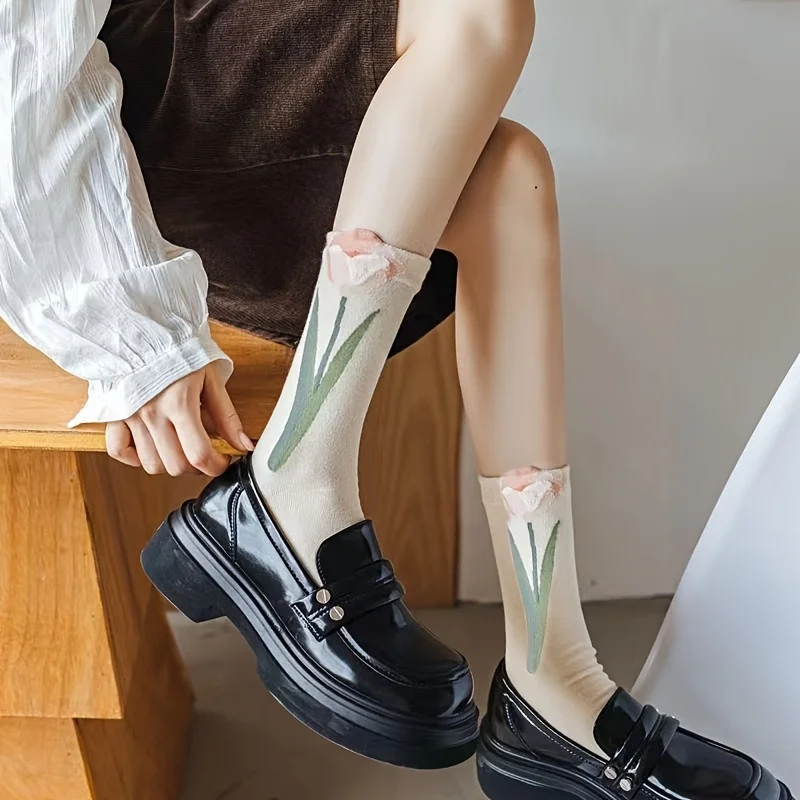 Women Floral Socks Set 4pairs Cute Flower Geometric 3D Textured Ankle Cotton Blend Cottagecore Lucky Socks