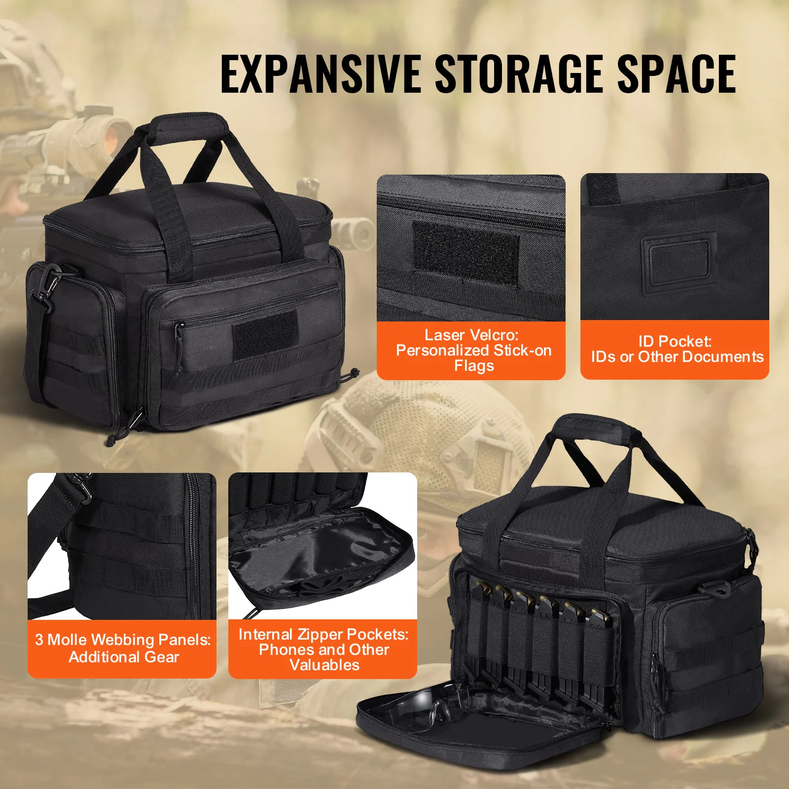 Range Bag for Pistols Tactical Gun Range Bag with 3 Detachable Baffles& 6 Magazines Shooting Handgun for Hunting duffel bag