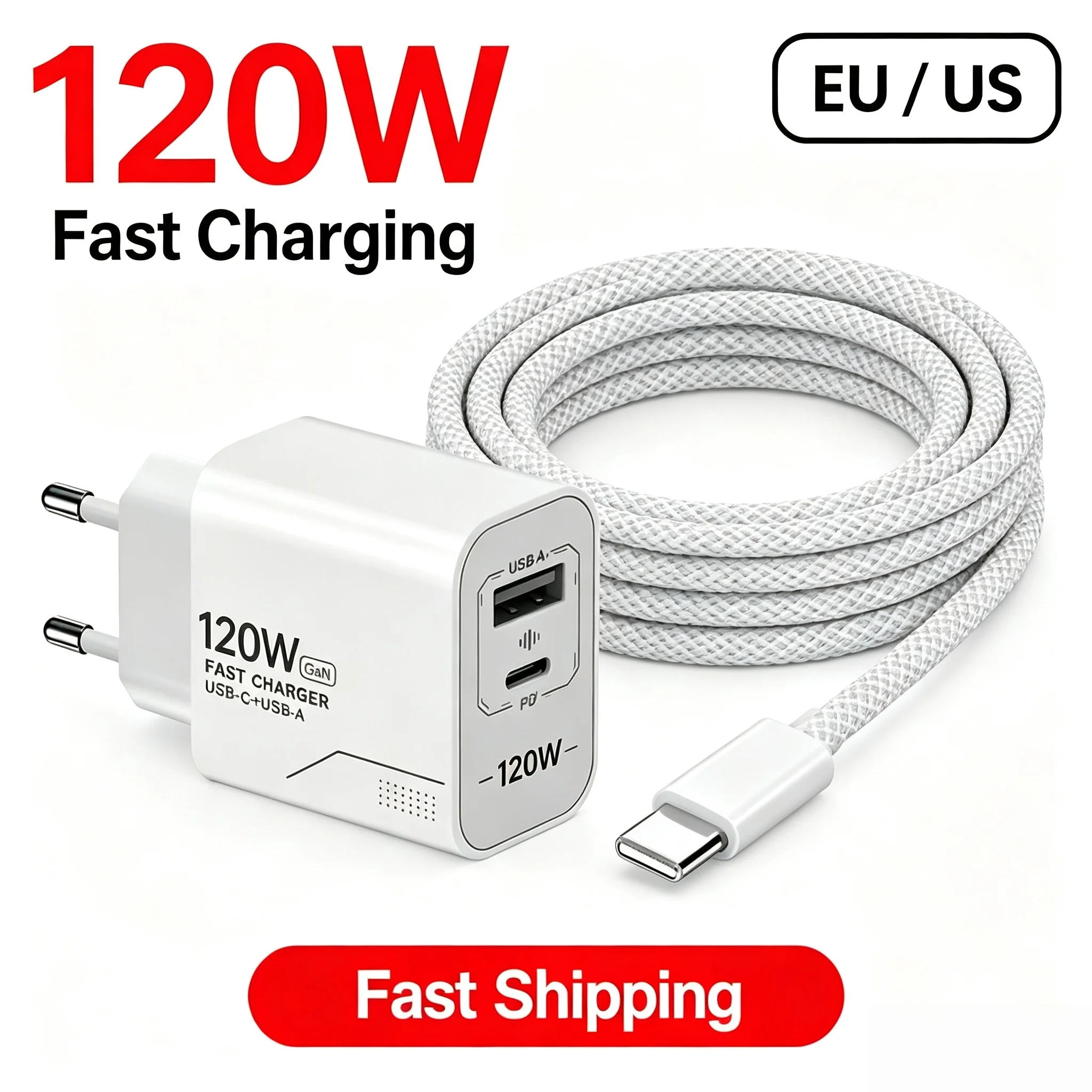 120W GaN Dual-Port USB-C Wall Charger with US/EU Plug and PD Quick Charge Technology