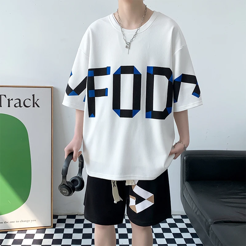 Summer Men's Crew Neck Pullover Letter Printed Short Sleeve Elastic High Waisted Bandage Pockets Casual Sports Office Lady Set