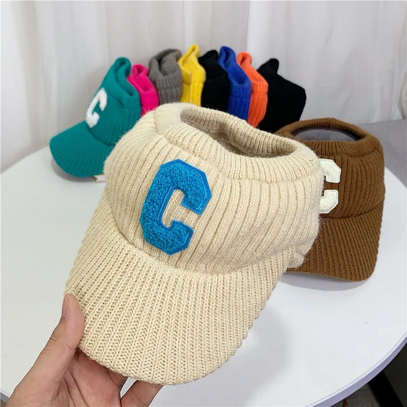 Winter crochet knitted hat Unisex men solid c letter sports hat Women casual thick warm Visor cap Topless hats gorros 2