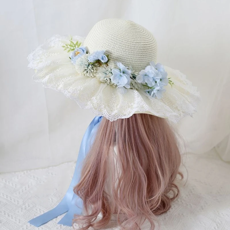 

Summer Adult Straw Weaving Fisherman Hat Outdoor Hat Teen Vacation Lace Brim Hat