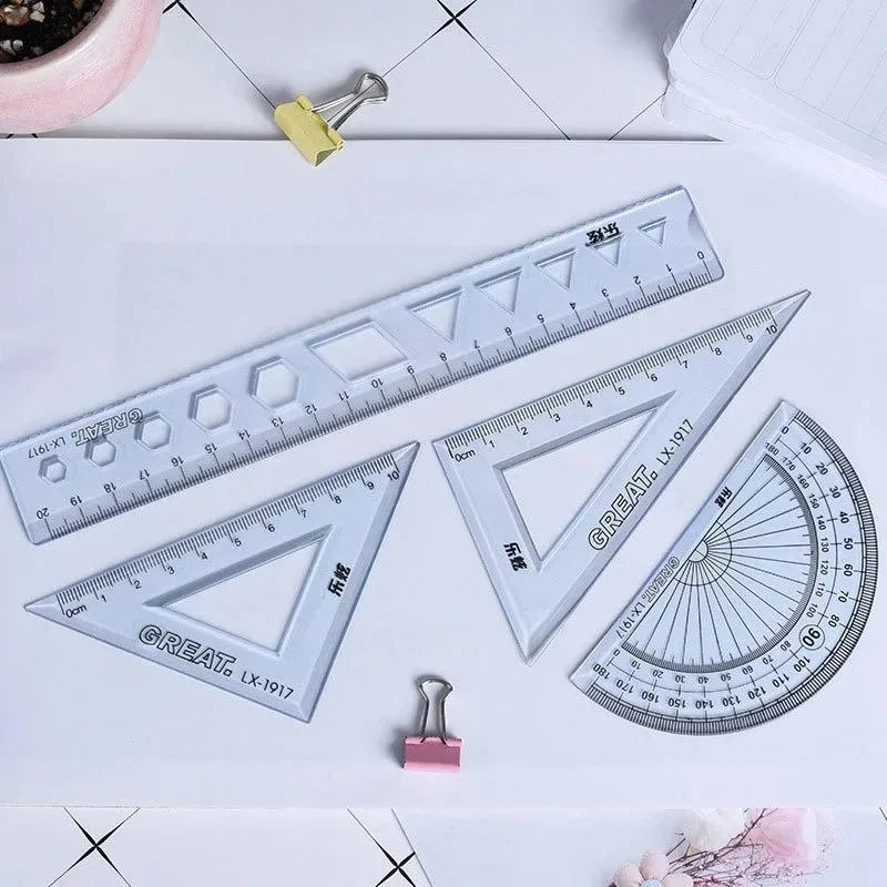 4개/세트 드로잉 자, 측정 기하학 삼각자, 직각자, 각도기, 다양한 자, 학교 및 사무용 문구류