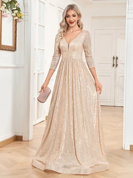 فستان سهرة رسمي فاخر برقبة على شكل V وأكمام طويلة مزين بالترتر الأزرق للنساء لحفلات الزفاف وحفلات التخرج فستان كوكتيل طويل 4