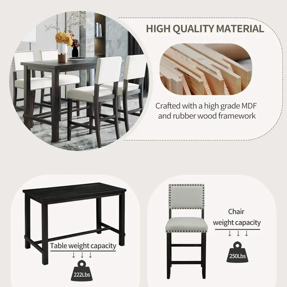5 Piece Dining Table Set for 4,Counter Height Kitchen Table Set and 4 Cushioned Chairs for 4 Persons Dining Room Table Set 5