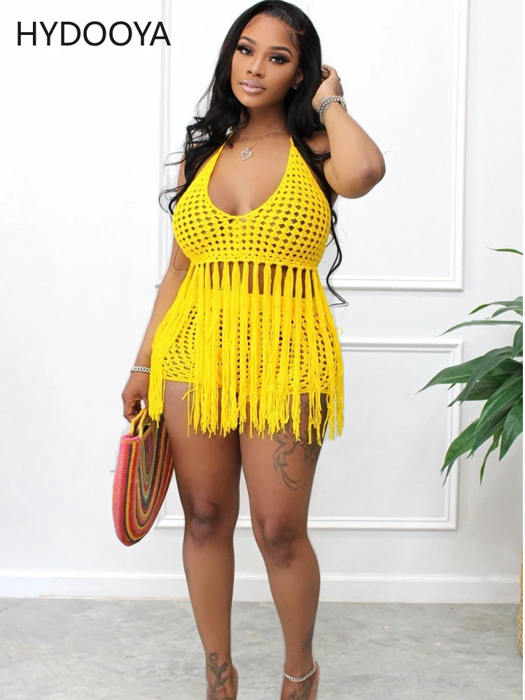 Handmade Crochet Bikini Cover Up Transparent Tassels Knit Top High Waist Short Bikini Swimsuit Women Bathing Suit Beach Cover-up