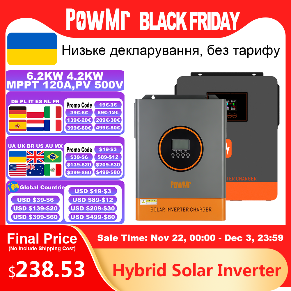 PowMr 6.2KW 4.2KW Hybrid Solar Inverter 48V 24V to 220V Dual AC Pure Sine Wave MPPT 120A Solar Charge Controller PV 60~500V WIFI