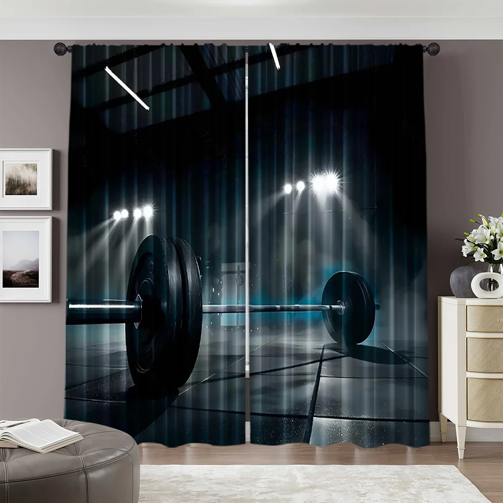 2pcs, 2D flat Window Treatment Curtains Gym dumbbells modern gym interior. Muscle training healthy physique shaping studio props 2