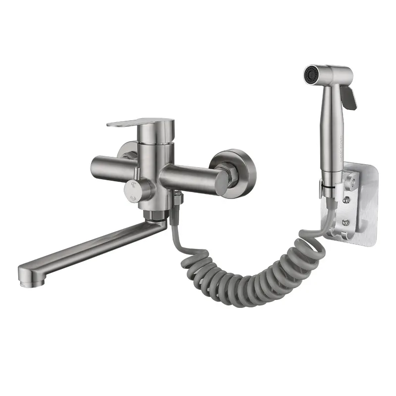 

Brushed Nickel Wall Mount Kitchen Sink Faucet 304Stainless Steel Hot Cold Mixer Crane Tap Long Spout ​Faucet Rotation with Bidet