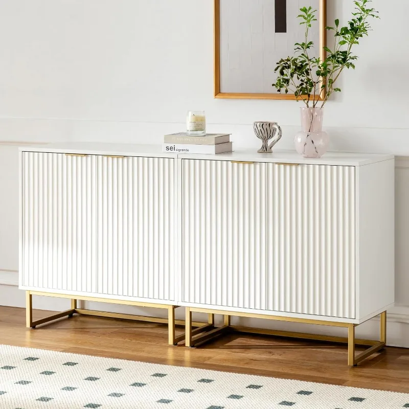 Fluted Storage Cabinet Set of 2, Sideboard Buffet Cabinet Modern Accent with Adjustable Shelves, Credenza, Console Table