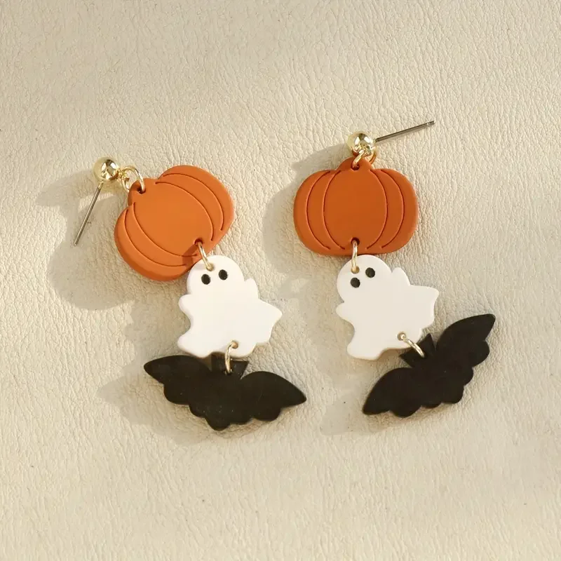 Halloween Ghost Bat Pumpkin Design Long Dangle Earrings for Women Cute Style Acrylic Trendy Party Jewelry Gifts