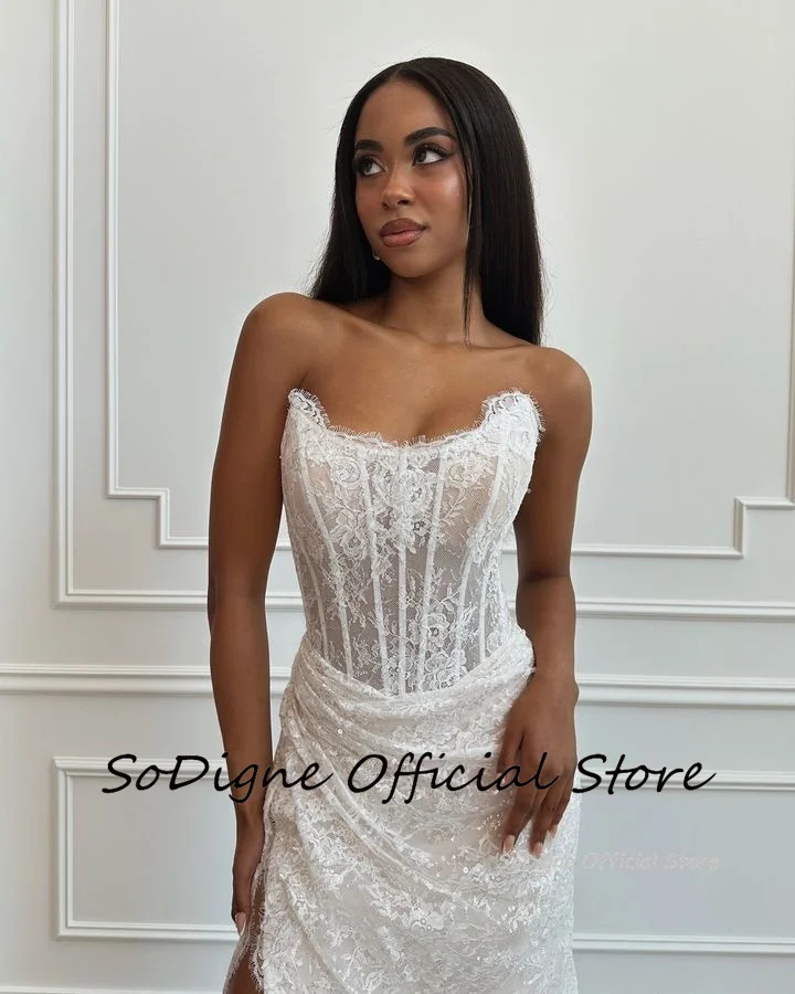 SoDigne Mermaid Lace Wedding Dresses Strapless Sleeveless Bridal Dress Customized Women Split Long Wedding Gown 4