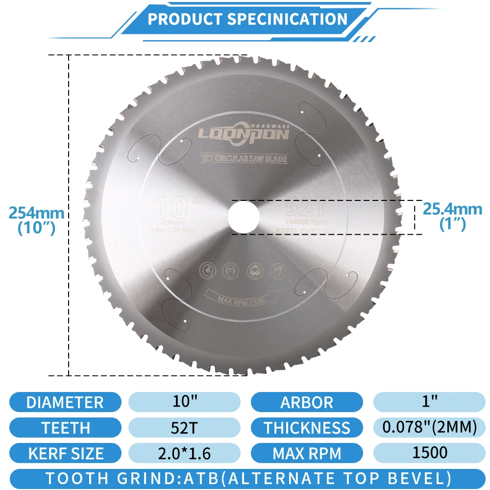Loonpon 금속 절단 디스크 254mm 10 인치 초경 원형 톱 블레이드 철강 철 알루미늄 금속 절단 블레이드