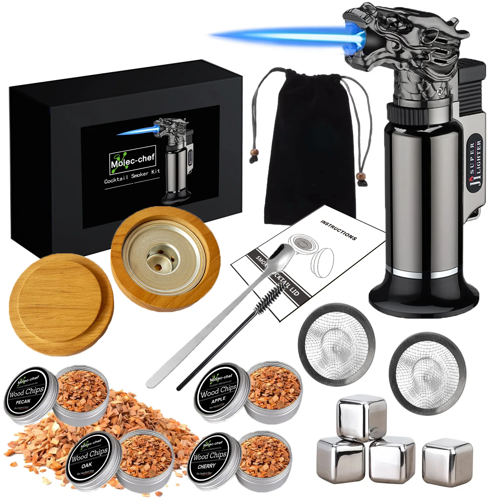 Kitchen Bar Tools Cocktail Smoker Kit 4 Types Smoked Wood Sustainable Flamethrower Party Reception Whiskey Beer Drink Smoker Set
