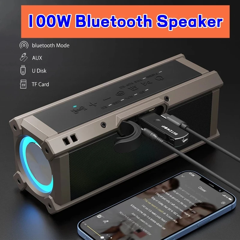 

Bluetooth-колонка, 100 Вт, водонепроницаемая, с сабвуфером