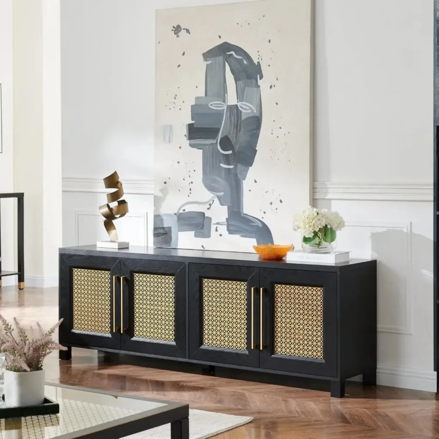 Mid Century Modern TV Stand for TVs up to 75" Gold Hollow Metal Mesh Decorated Boho TV Console with Storage Cabinets