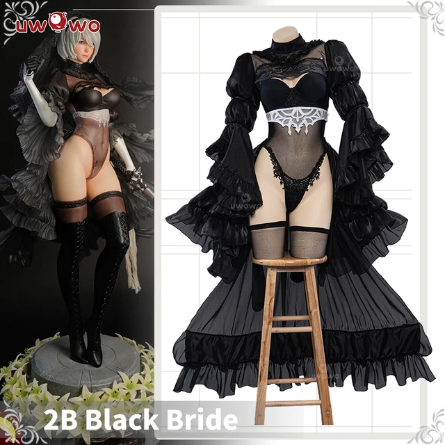 PRE-SALE UWOWO Nier: Automata 2B Cosplay Black/White Wedding Dress Bride Cosplay Costume 2B(Black)