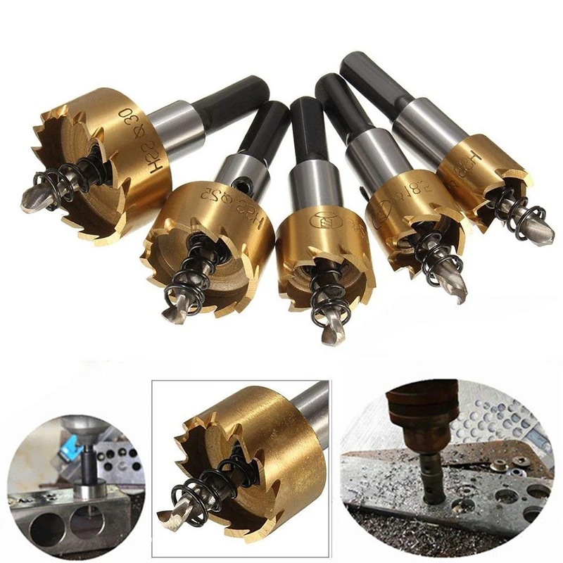 5pc 티타늄 도금 톱니 모양의 구멍 오프너 골드 알루미늄 플레이트 철판 드릴링 드릴 비트 16-30mm 도구 세트
