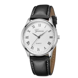 Men's Luxury Leather Strap Analog Quartz Watch by Geneva (Black Sliver)