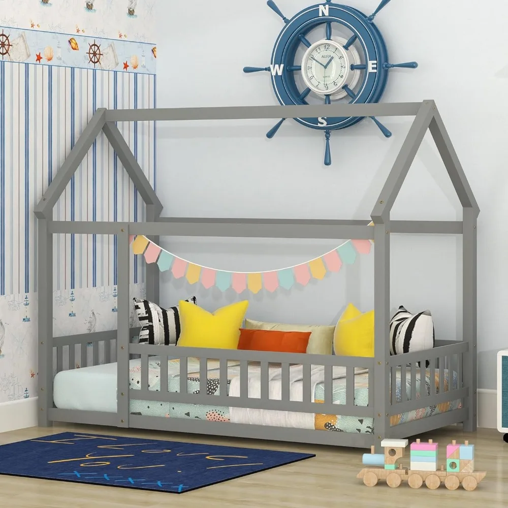 

Twin Room Floor Bed, Wooden Montessori Bed, Kids with Fence and Roof, Girls, Boys (Twin, Gray)