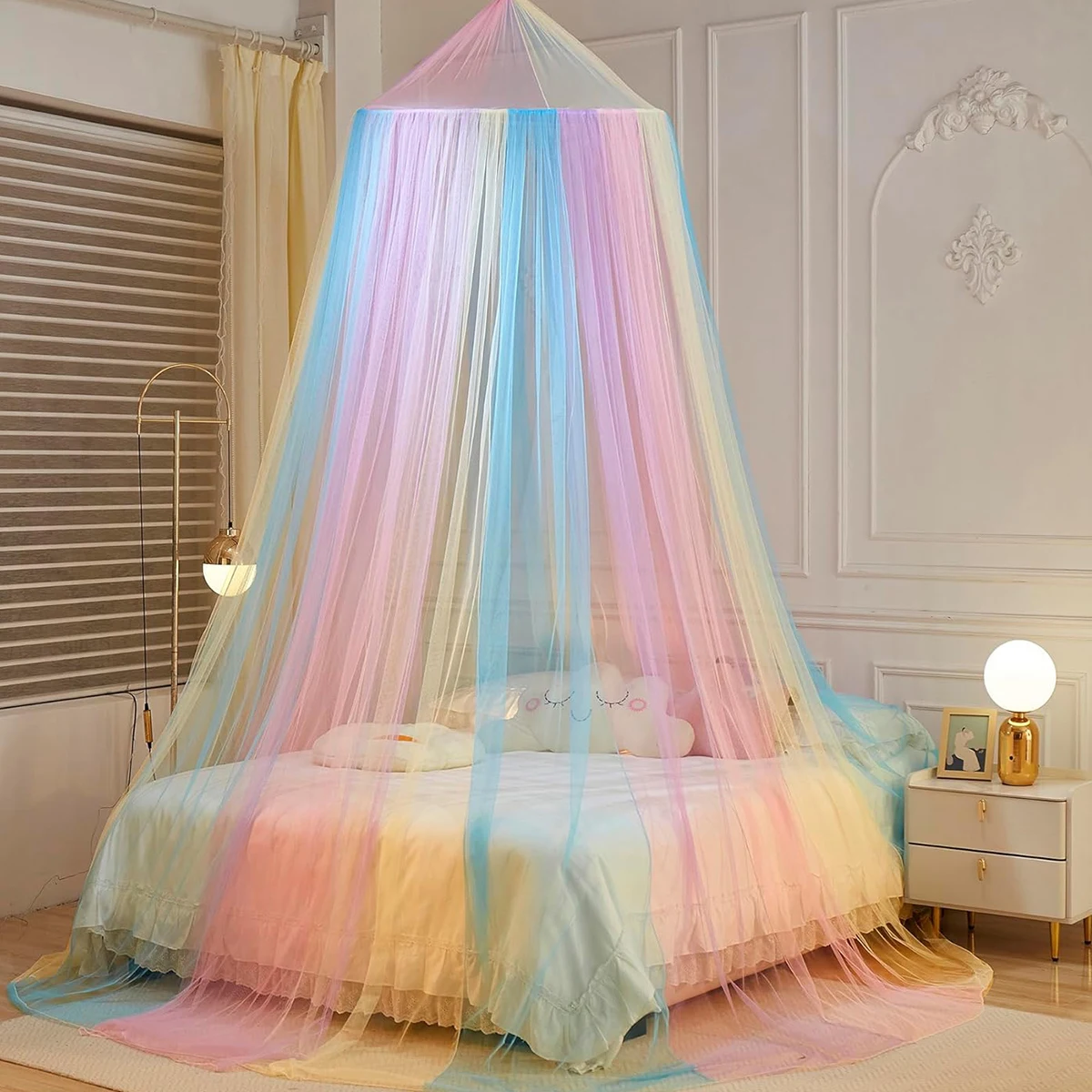 Mengersi Tende da letto a baldacchino per ragazze, misura doppia, motivo nuvola, cielo arcobaleno, tende per camera da letto per camera da letto per ragazze (rosa e celeste