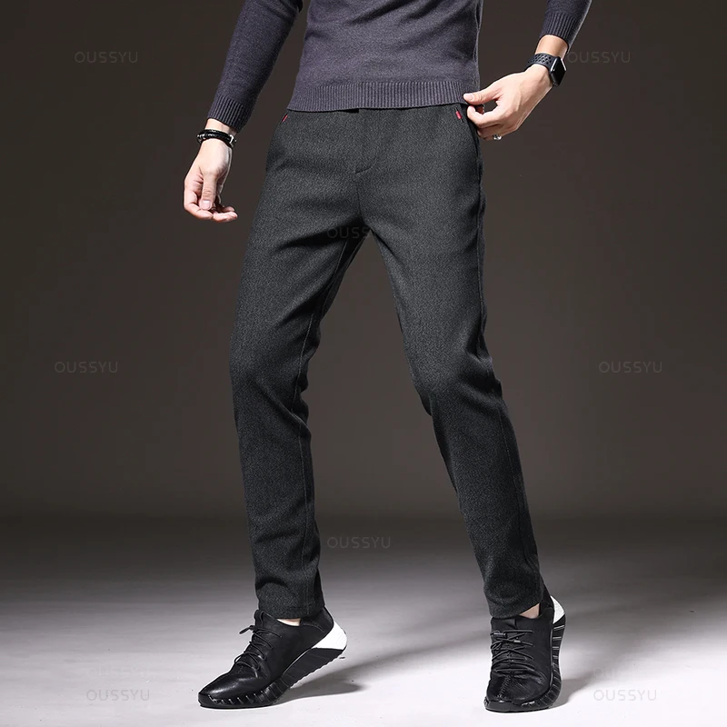Pantaloni casual da uomo in tessuto spazzolato autunno inverno moda business slim fit elasticizzato spesso grigio blu nero pantaloni in cotone maschile 4