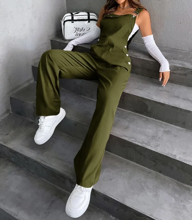 Retro Pocket Solid Color Straight Leg Utility Overalls Loose Fashion Casual Pants