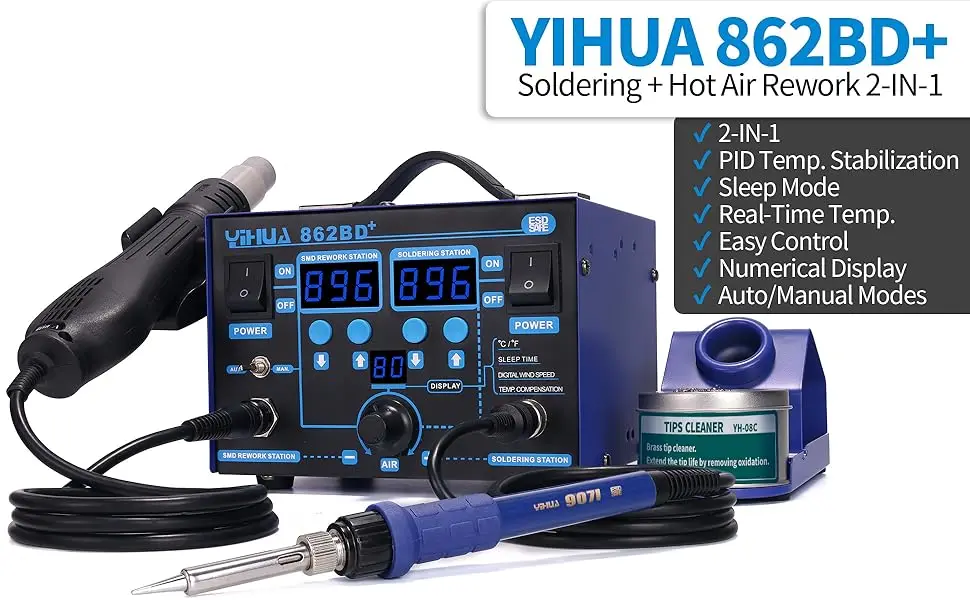 862BD+ 2-in-1 Soldering & Hot Air Rework Station 750W 200-896°F PID Control Slee