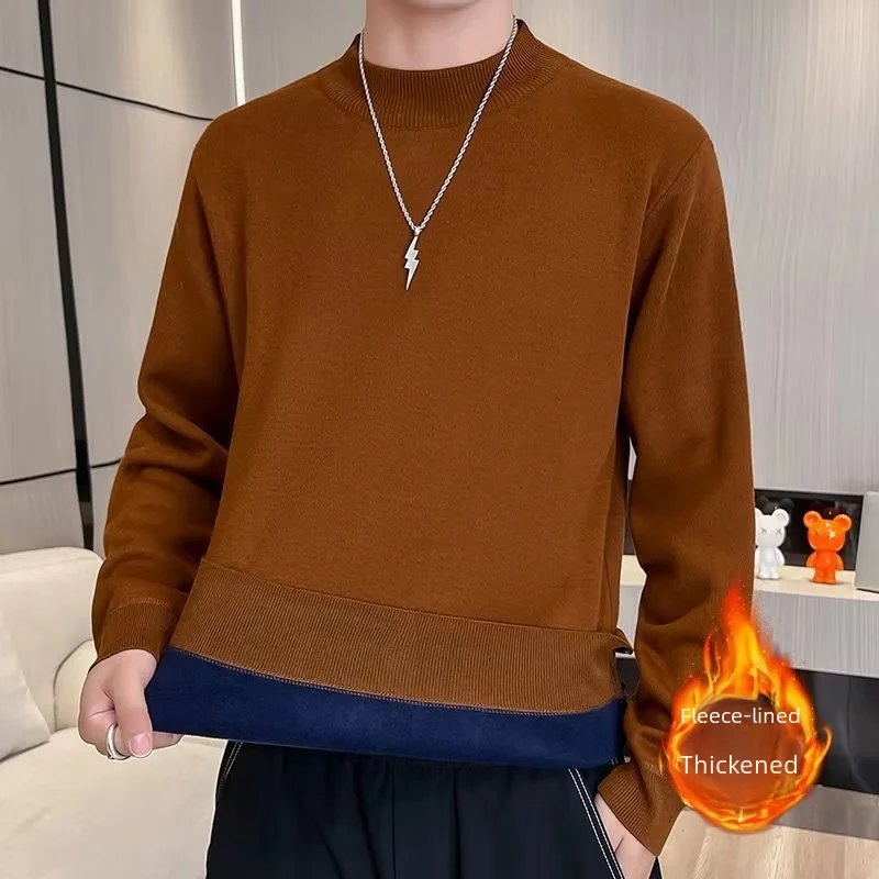 남성용 일체형 기모 하프 폴로 터틀넥 스웨터, 한국 스타일, 멀티 컬러, 베이직 니트 상의, 따뜻한 상의, 가을 겨울 2023 신상